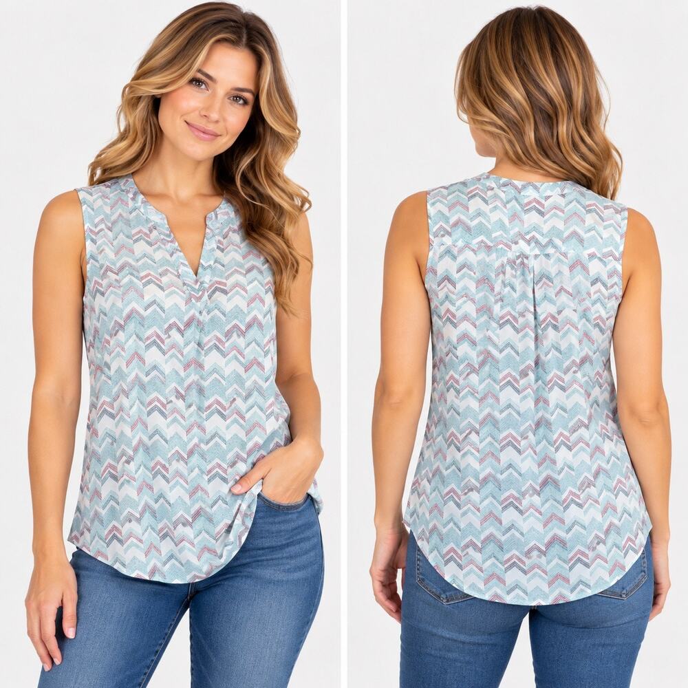 Eddie Bauer Womens Chevron Print Sleeveless Tunic Blouse Blue Pink V Neck Small